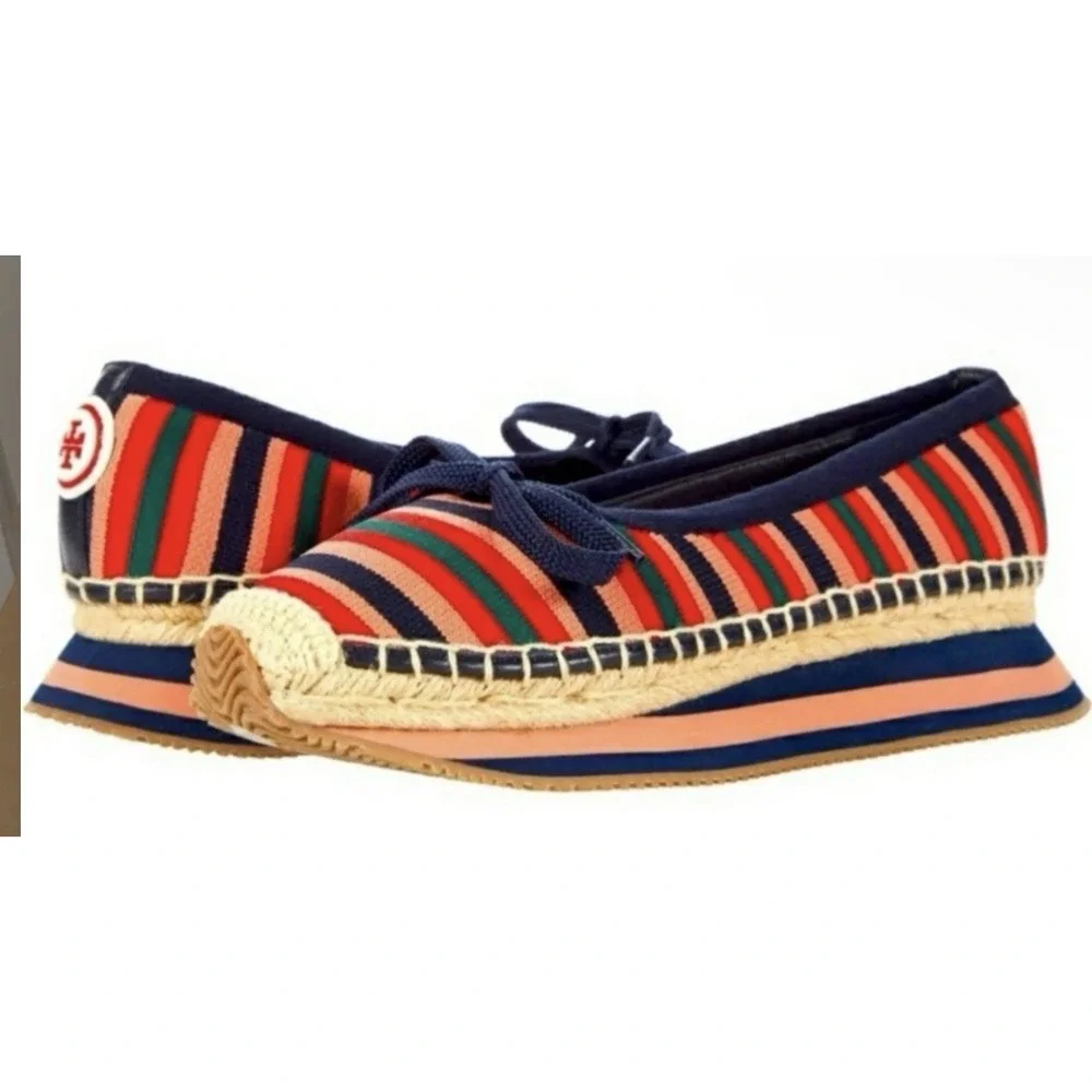 Tory Burch 9.5M Daisy Sport Multi Stripe Circular Knit Reva Bow Espadrille Flats
